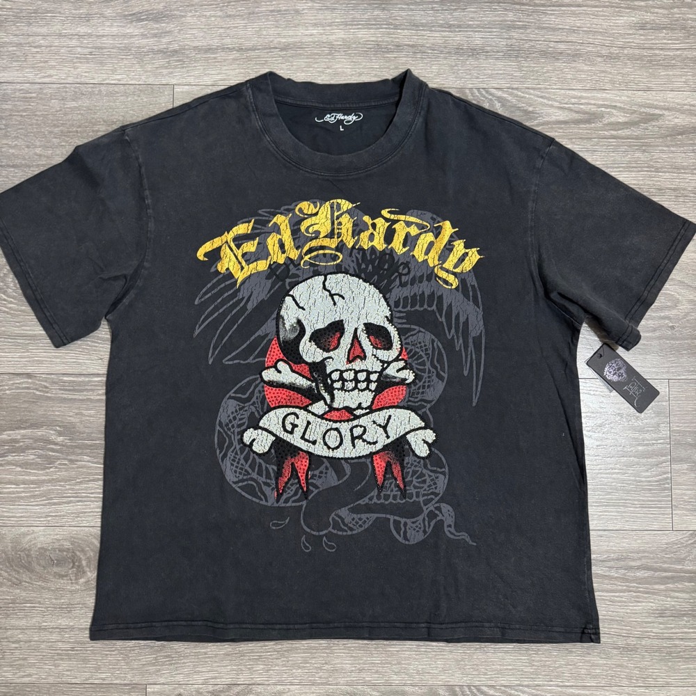 Ed Hardy Mens Rhinestone Skull Glory Graphic T-Shirt Vintage Black Size L Skater